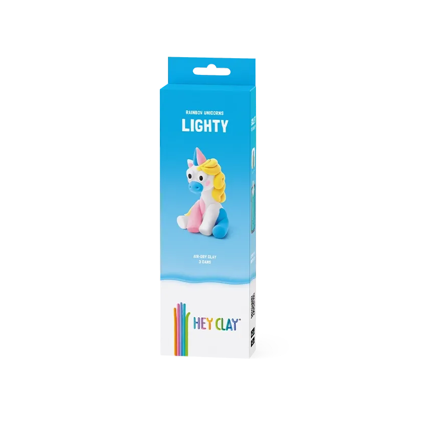 Packaging of Hey Clay Lighty unicorn toy on a white background
