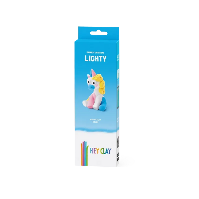 Packaging of Hey Clay Lighty unicorn toy on a white background