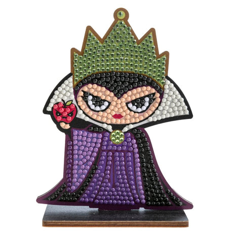 Decorative figure of a character with a green crown and purple robe on a white background