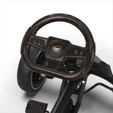 Black steering wheel and pedals on a white background