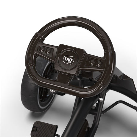 Black steering wheel and pedals on a white background