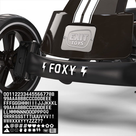 Close-up of a black cart with 'EXIT TOYS' branding and 'FOXY' branding.