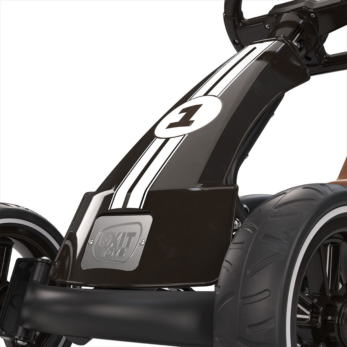 Close-up of a black and brown go kart with 'EXIT' branding on a white background