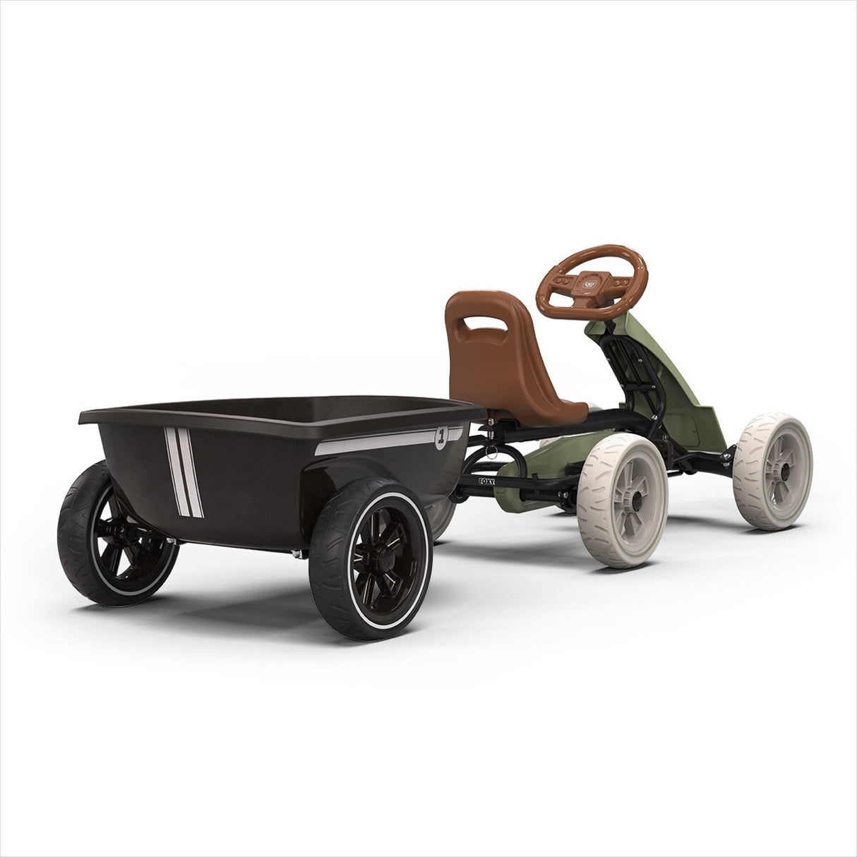 Children's pedal car with a black trailer on a white background