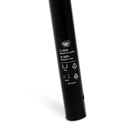 Black cylindrical object with recycling symbols and text on a white background