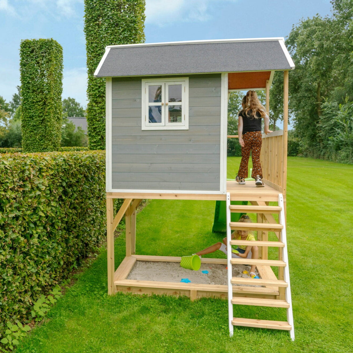 EXIT Wooden Loft 700 with Slide and Sandbox - Grey 