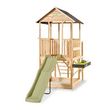 Wooden playhouse with a green slide on a white background