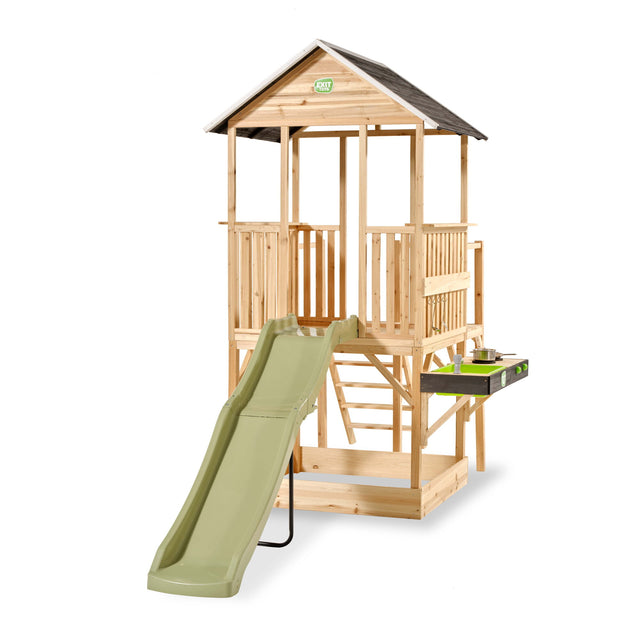 Wooden playhouse with a green slide on a white background