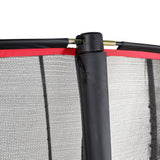 Close-up of a trampoline safety net with black frame and red border on a white background