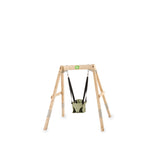 Wooden swing stand with a baby swing on a white background