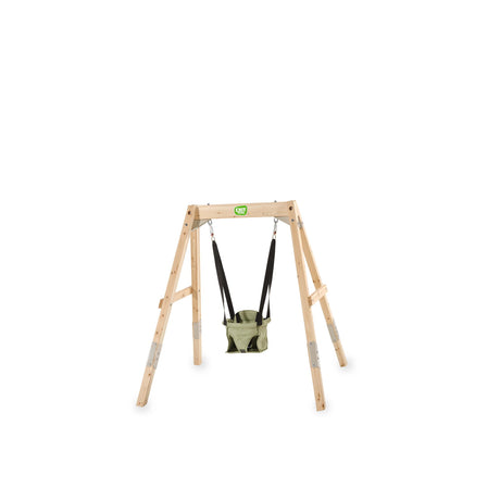 Wooden swing stand with a baby swing on a white background