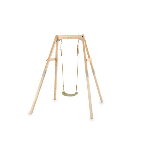 Wooden swing set with a single swing on a white background