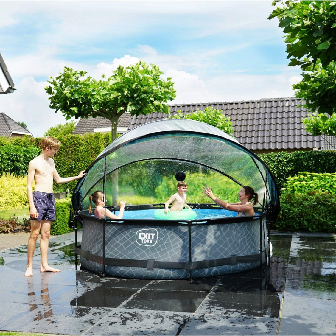 EXIT Stone Grey Round Frame Pool - ø300x76cm (12V Cartridge filter)