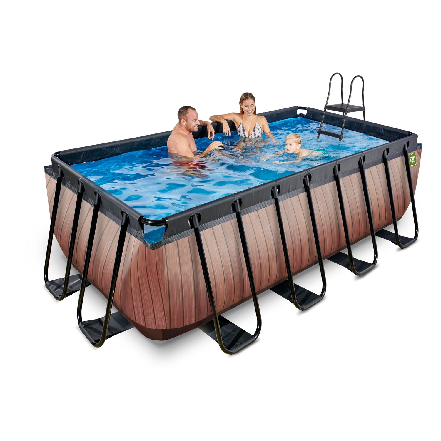 Family enjoying a rectangular above-ground pool with wooden side design.