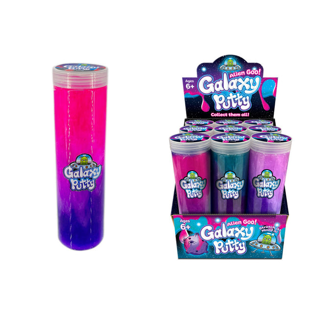 A single Galaxy Butt slime toy in a clear plastic tube with a pink-to-purple gradient, shown next to a retail display box containing multiple tubes of the same product.