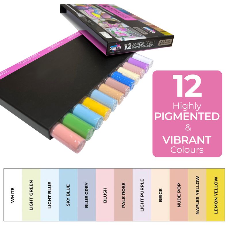 Zieler Acrylic Pastel Paint Pens - Medium Tip (12 Pack)