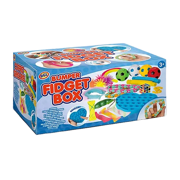 NGL Bumper Fidget Box toy set in its original blue packaging, featuring colorful illustrations of the included fidget toys on the box front.