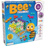 Bee Genius educational puzzle game box by The Happy Puzzle Company, featuring a bright blue front design with a cartoon bee, honeycomb board, and colorful pieces.