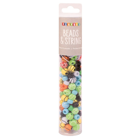 Tube of colorful beads and string with Playbox branding on a white background