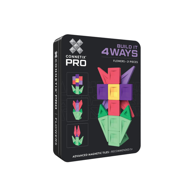 Connetrix Pro Build It 4 Ways flowers set in a black metal tin box, featuring colorful magnetic flower tiles on a clean white background.