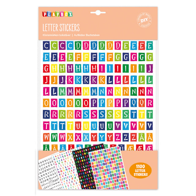Colorful letter stickers with Playbox branding on a white background