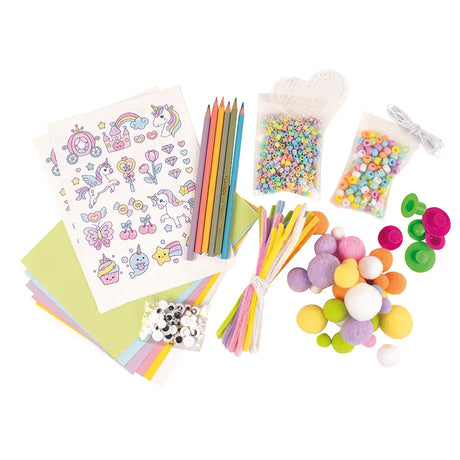 Assorted craft supplies including paper, pencils, beads, and pom-poms on a white background