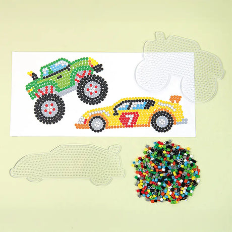 Colorful bead set with templates for car designs on a light yellow background