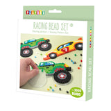 Playbox Racing Bead Set packaging with racing car illustrations and a hand holding beads.