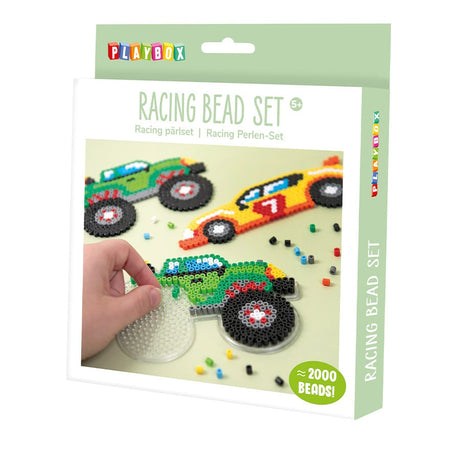 Playbox Racing Bead Set packaging with racing car illustrations and a hand holding beads.