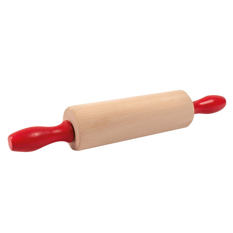 Wooden rolling pin with red handles on a white background