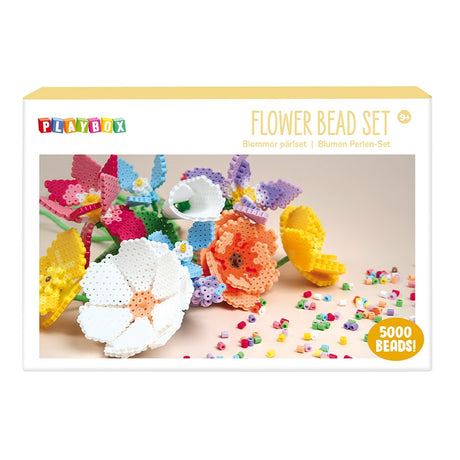 Box of Playbox Flower Bead Set with colorful bead flowers and packaging details.