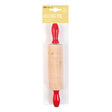 Wooden rolling pin with red handles in packaging on a white background