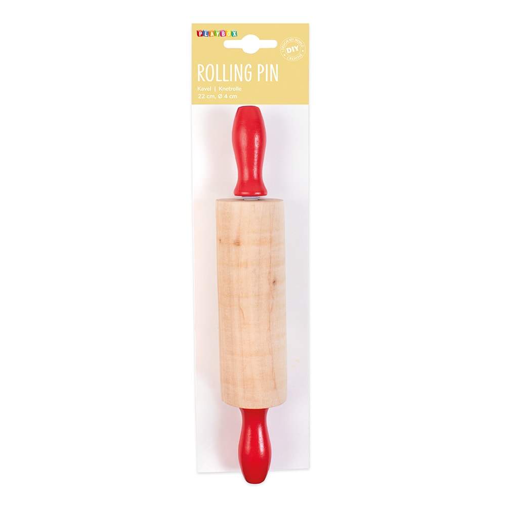 Wooden rolling pin with red handles in packaging on a white background