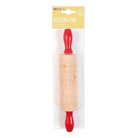 Wooden rolling pin with red handles in packaging on a white background
