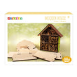 Playbox wooden house kit packaging with wooden pieces and completed house on a light green background.