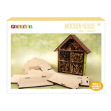 Playbox wooden house kit packaging with wooden pieces and completed house on a light green background.