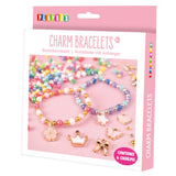 Packaged charm bracelets with colorful beads and charms on a pink background, featuring the brand 'Playbox'.
