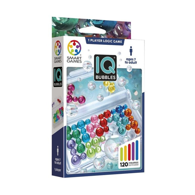 IQ Bubbles 1 Player Logic Game box by Smart Games, featuring colorful translucent bubbles inside a clear cylindrical container on the front of the packaging.