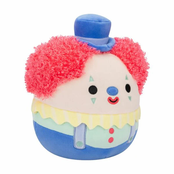 Colorful clown plush toy with a white face, red hair, and blue outfit on a white background