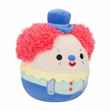 Colorful clown plush toy with a white face, red hair, and blue outfit on a white background