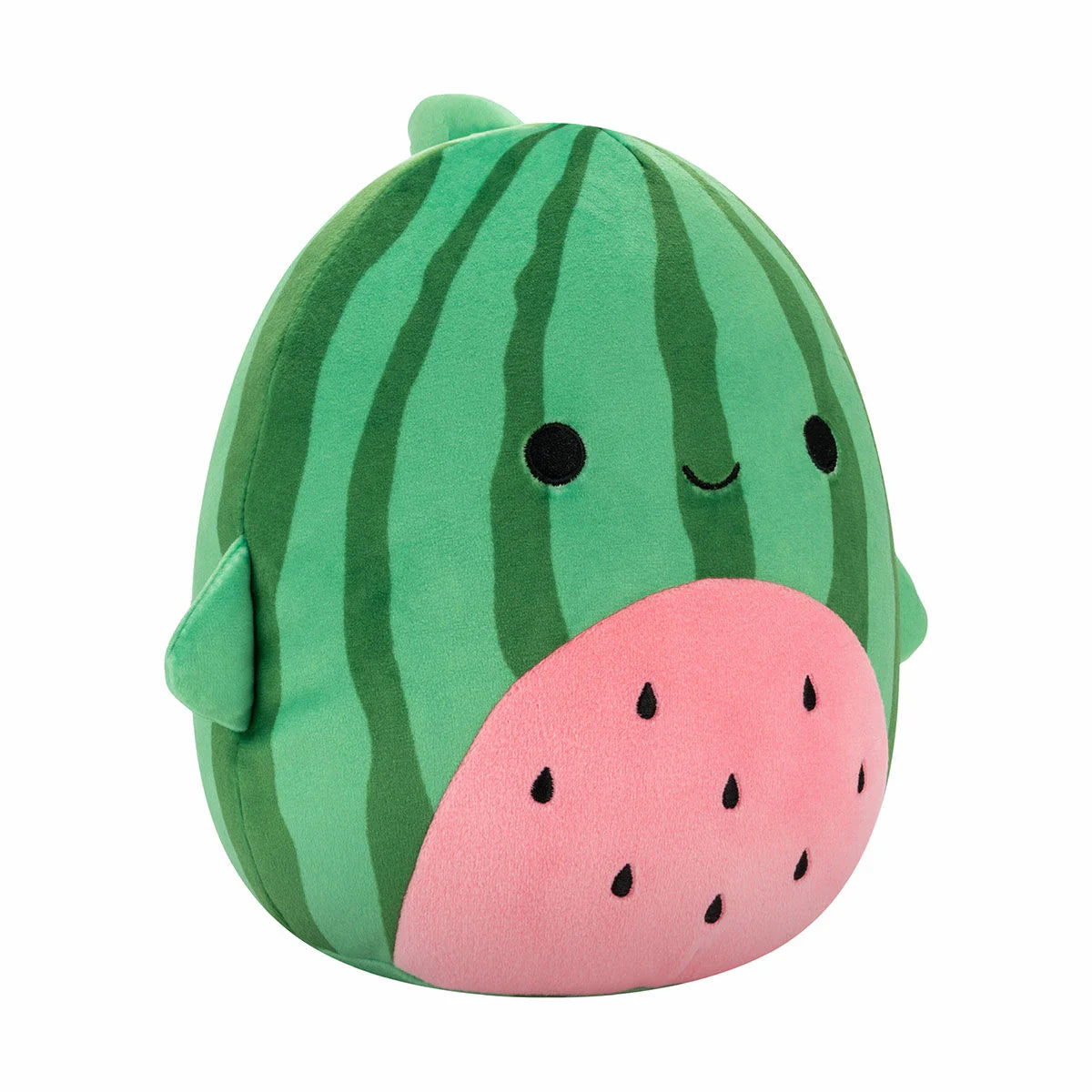 Plush toy shaped like a watermelon with a smiling face on a white background