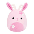 A pink plush bunny toy with long pink ears, white inner ears, embroidered black eyes, a small pink stitched nose, and white and pink flower accents on the head and snout, shown on a plain white background.