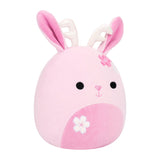A pink plush bunny toy with white inner ears, embroidered black eyes, a small pink nose, a pink flower on the head, and a white flower on the belly, shown on a plain white background.