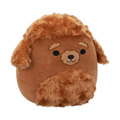 A round brown plush dog toy with fluffy faux fur details on its head and belly, featuring a simple embroidered face on a plain white background.