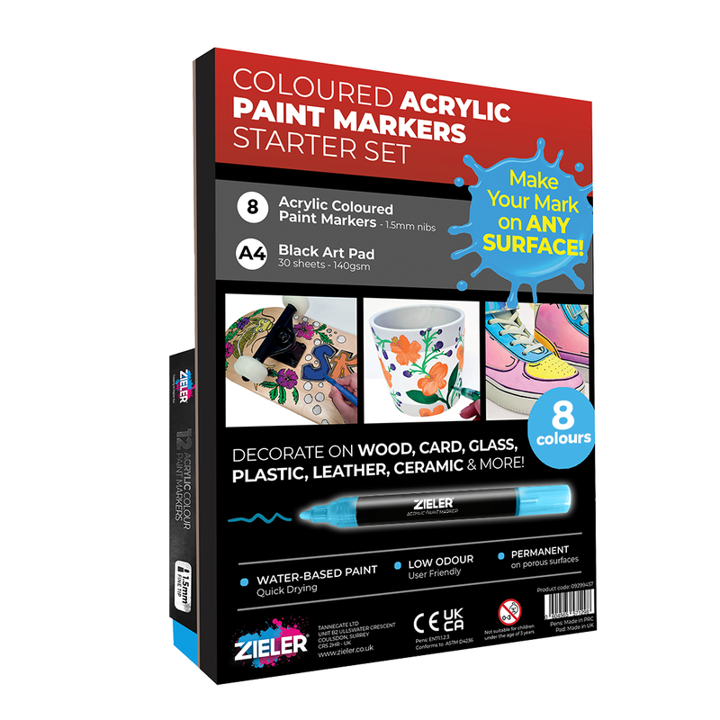 Zieler Coloured Acrylic Paint Markers Starter Set with A4 Black Pad