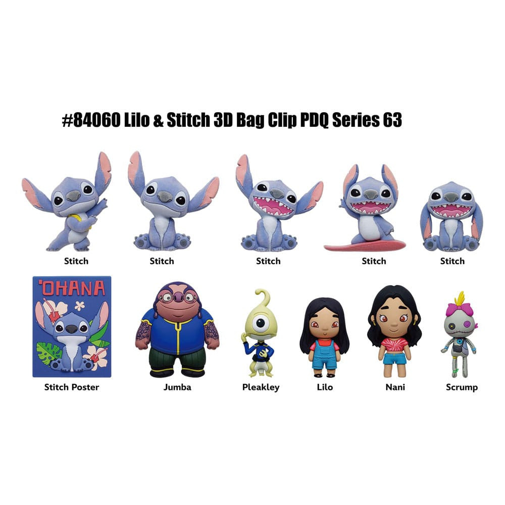 Set of Lilo & Stitch 3D bag clips and related merchandise on a white background