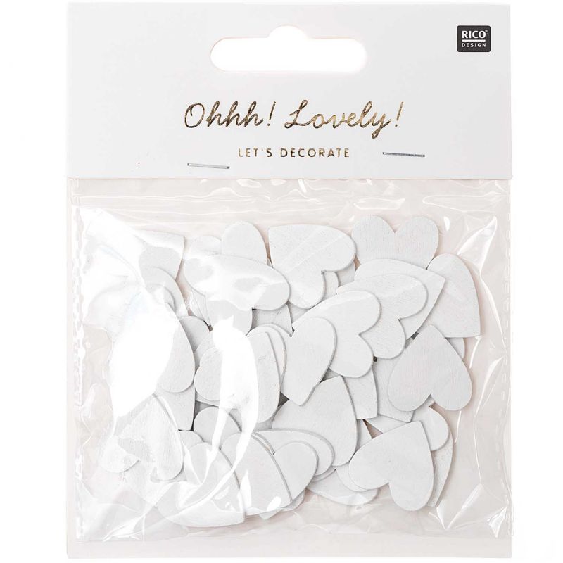 SET OF 48 WOODEN DECO EMBELLISHMENTS 'RICO DESIGN - OHHH! LOVELY!' WHITE HEART