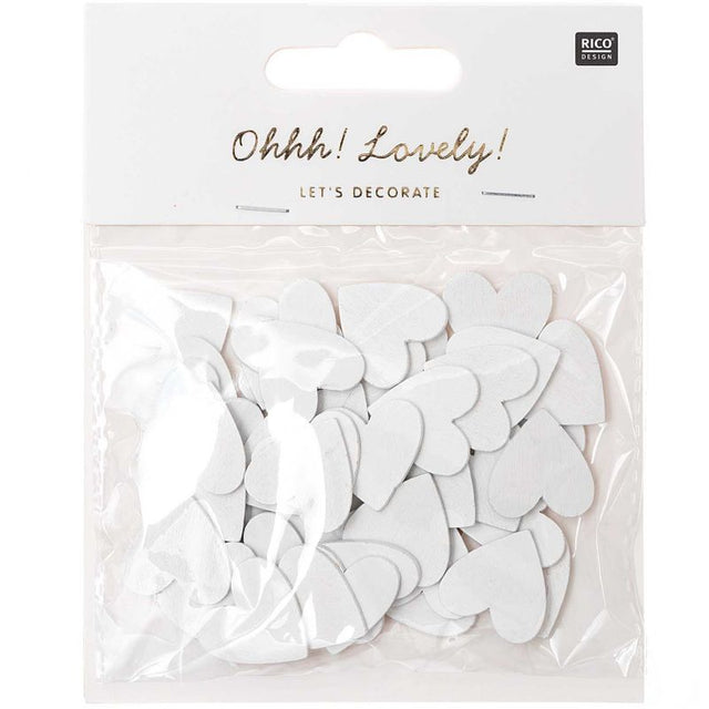 SET OF 48 WOODEN DECO EMBELLISHMENTS 'RICO DESIGN - OHHH! LOVELY!' WHITE HEART