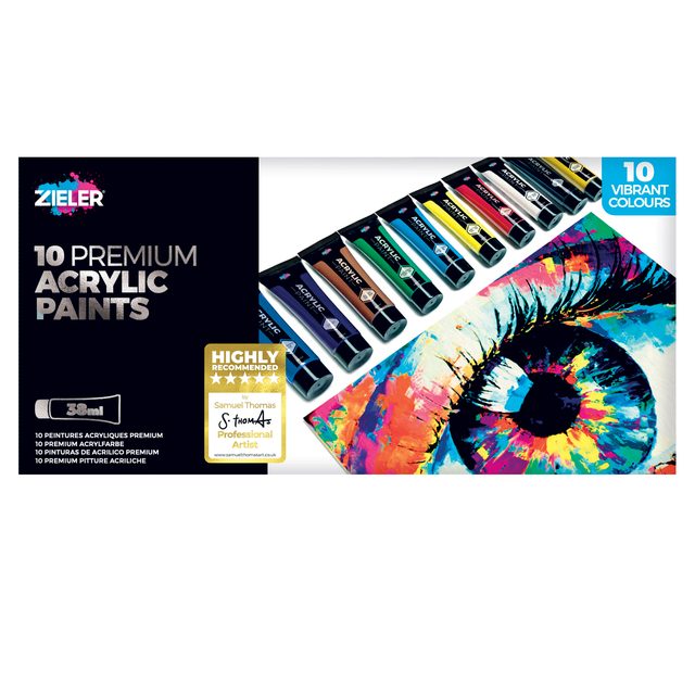 Zieler Premium Acrylic Paints - Set of 10 Essential Colours (38ml)