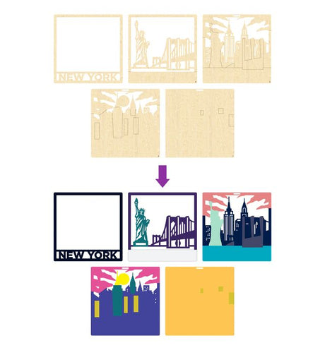 Set of New York-themed cutout designs with different color options on a white background.